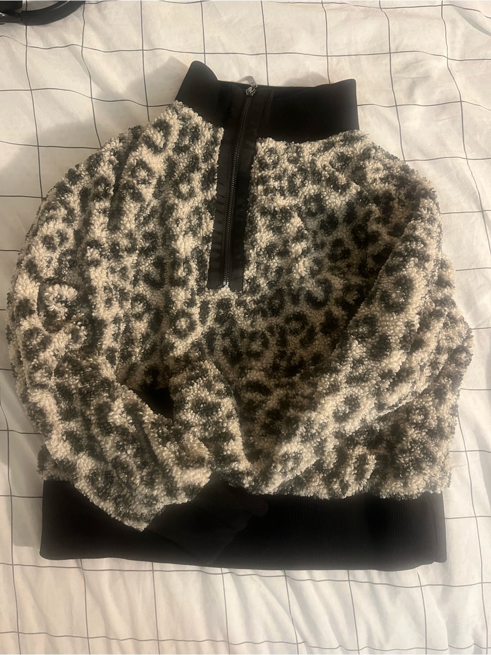 Cable & Gauge Black and Cream Leopard Sherpa Half-Zip Jacket
